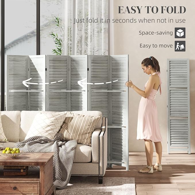 HOMCOM Room Divider with Shelves 6 Panel 67" Wood Screen Distressed White | 3 - Image 4
