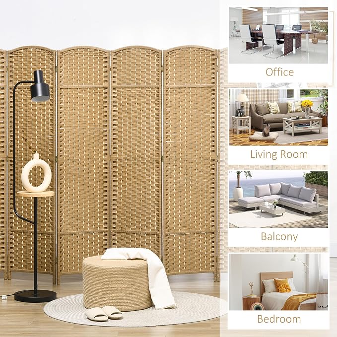 HOMCOM Room Divider 8 Panel Folding Privacy Screen 5.6' Tall Nature Wood | - Image 6
