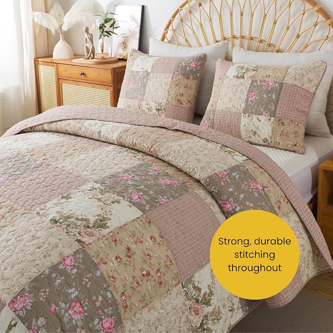 SLPR - Secret Garden Pink Patchwork Cotton Quilt Set, Queen - Image 4