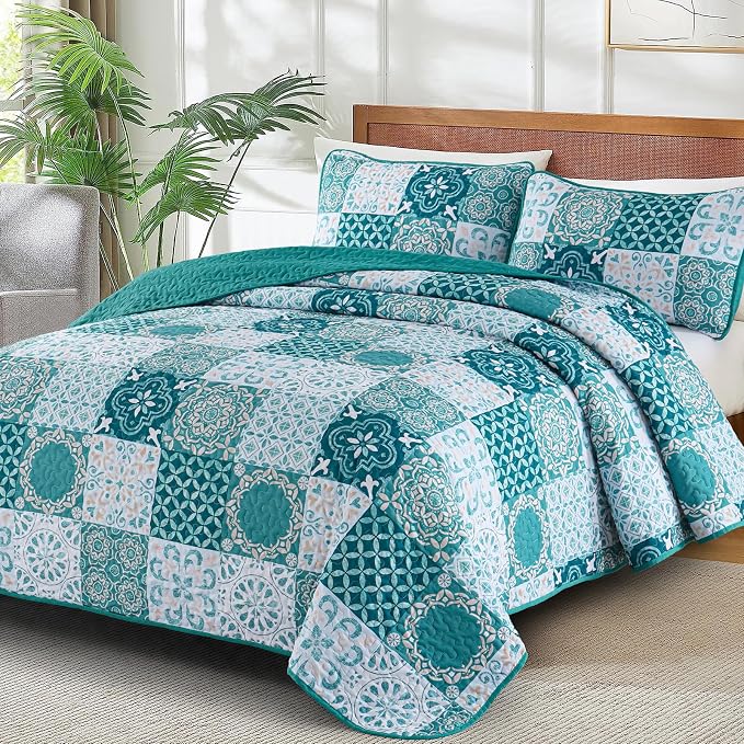 Teal Boho Quilt Set Queen Size, Plaid Patchwork Bedspreads Coverlet Set | 3Pcs - Image 2