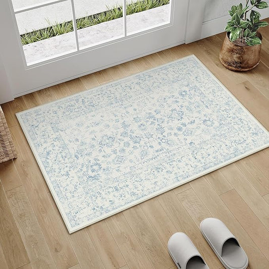 2x3 Blue Entryway Area Rug Machine Washable Door Mat Kitchen Vintage Distressed Non Slip Carpet Indoor Retro Floral Accent Throw Small Rug for Bathroom Office Bedroom Living Dining Room