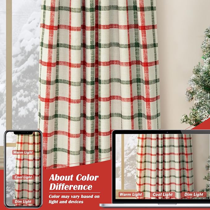 DriftAway 100% Blackout Plaid Curtains 84 Inches Long 2 Panels Red Green | 100% - Image 7