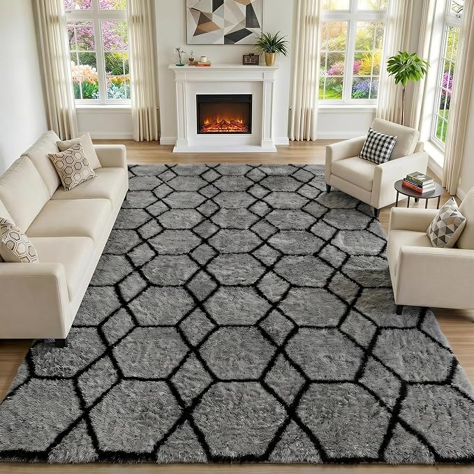 8x10 Area Rugs for Living Room, Fluffy Grey and Black Bedroom Rug, Geometric by ONASAR