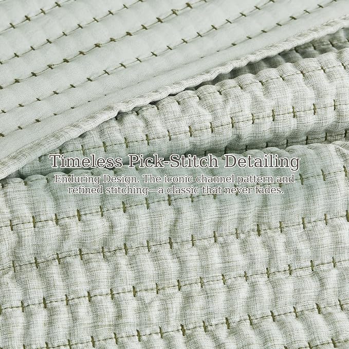 Sage Green Pick Stitch Oversized King Size Quilt Set, California King Striped - Image 7