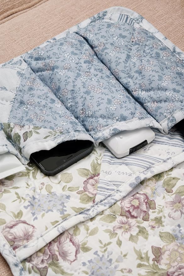 Brilliant Sunshine Blue Roses Patchwork Couch Armrest Cover, Armrest Organizer - Image 4