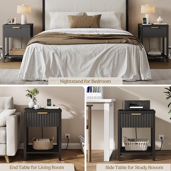 Night Stand Set 2, Fluted Wood Nightstands w/Charging Station - Image 9