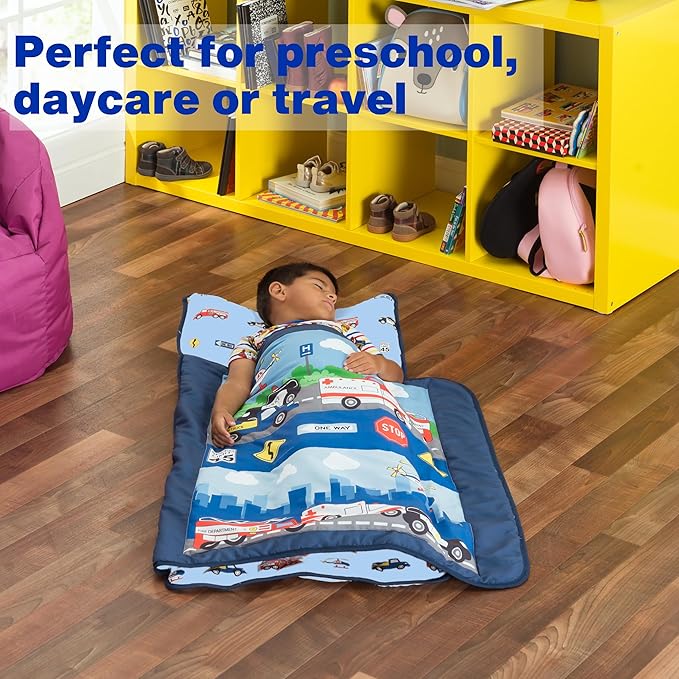 EVERYDAY KIDS Toddler Nap Mat with Removable Pillow -Fire Police Rescue- Carry Handle Fastening Straps Closure, Rollup Design, Soft Microfiber for Preschool, Daycare, Sleeping Bag -Ages 2-6 years