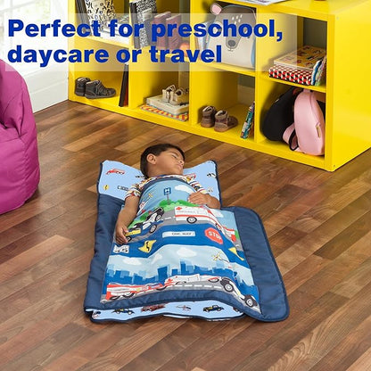 EVERYDAY KIDS Toddler Nap Mat with Removable Pillow -Fire Police Rescue- Carry Handle Fastening Straps Closure, Rollup Design, Soft Microfiber for Preschool, Daycare, Sleeping Bag -Ages 2-6 years