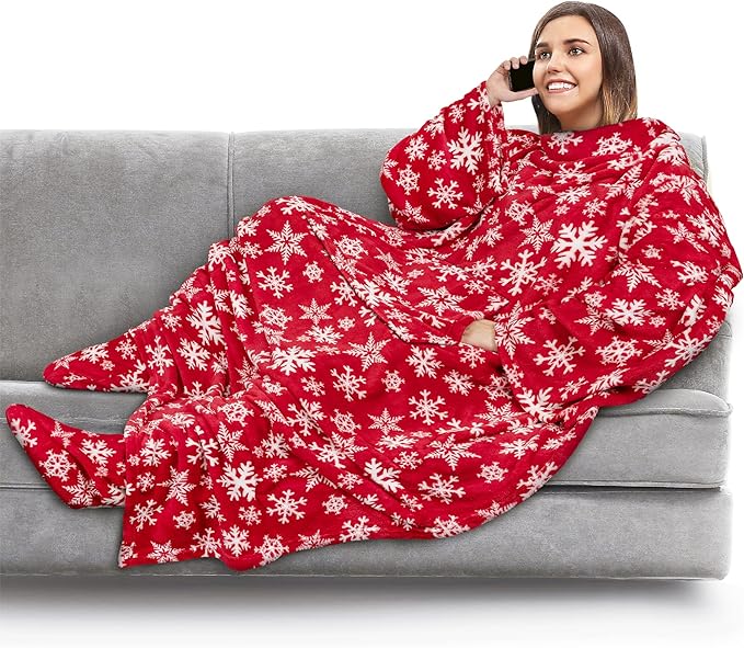 PAVILIA Fleece Blanket with Sleeves, Foot Pockets for Women Men Adults, Plush Wearable Blanket Throw Wrap, Warm Snuggle Blanket Robe, Cozy Gift Ideas Wife Mom, Snowflake Red