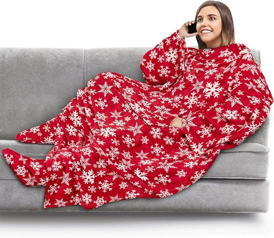 PAVILIA Fleece Blanket with Sleeves, Foot Pockets for Women Men Adults, Plush Wearable Blanket Throw Wrap, Warm Snuggle Blanket Robe, Cozy Gift Ideas Wife Mom, Snowflake Red