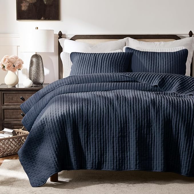WDCOZY Navy Blue Cross Stitch Queen Size Quilt Set, Striped Lightweight Soft by WDCOZY