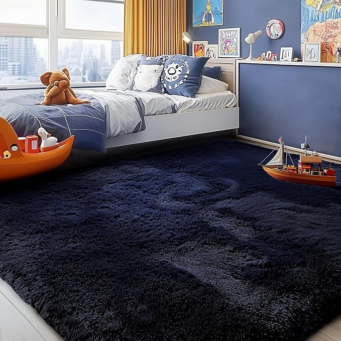 Navy Blue Rug 4x6, Fluffy Dark Blue Rugs by PAGISOFE