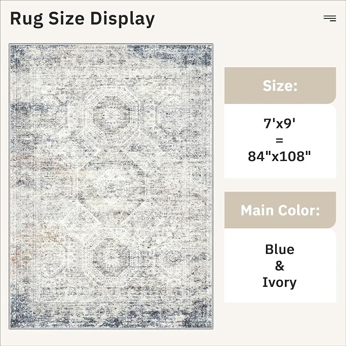 Soalmost 7x9 Area Rug for Living Room Washable Rugs Non-Slip Blue/Ivory | - Image 5