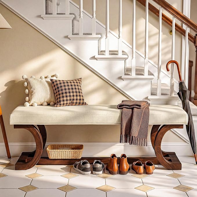 48-Inch Upholstered Bench, Solid Wood Entryway Bench - Image 5