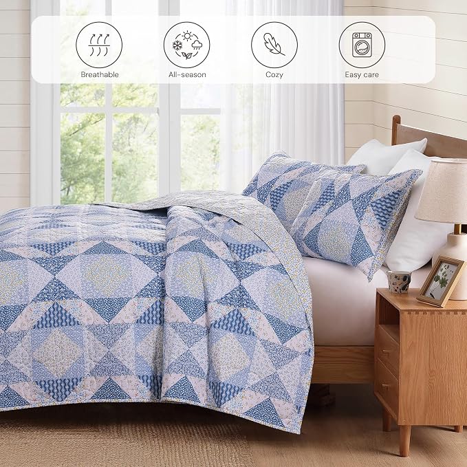 King Quilt Set-3 Pieces Soft Bedding Lightweight Floral Patchwork Coverlet | - Image 4