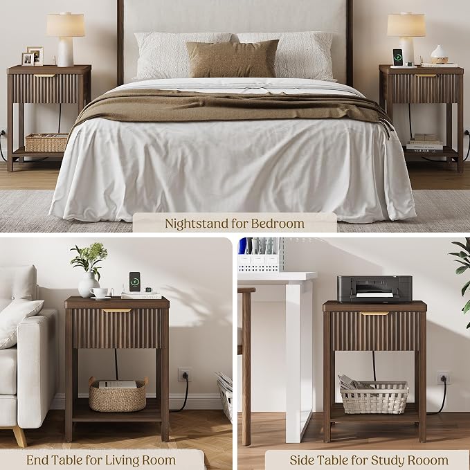 Night Stand Set 2, Fluted Wood Nightstands w/Charging Station - Image 9