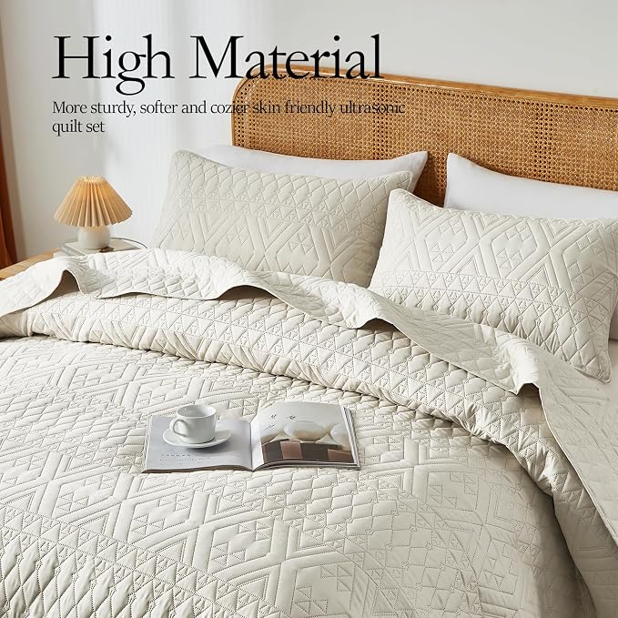 akkialla Full/Queen Quilt Set, Boho Style in a Solid Color, Cream Lightweight - Image 3