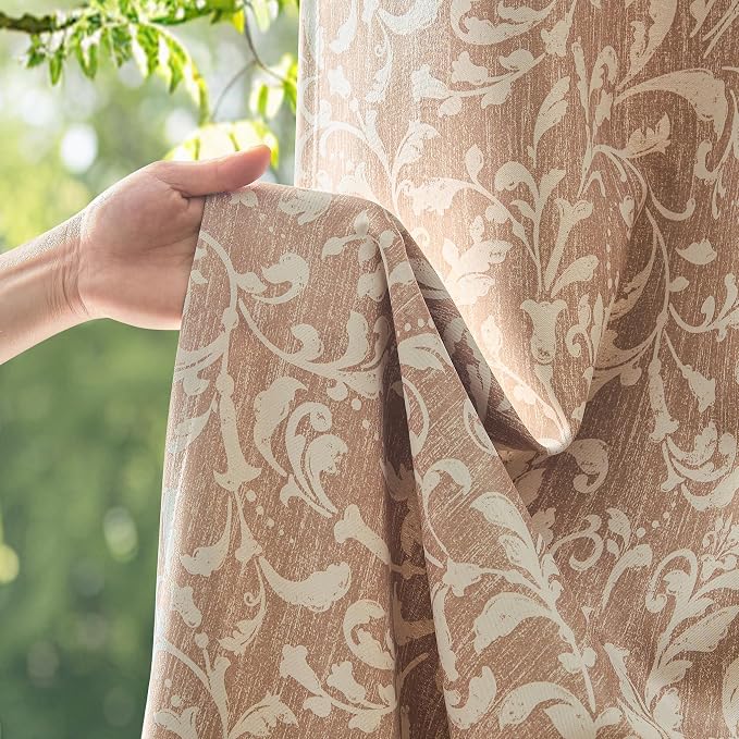 jinchan Taupe Floral Blackout Curtians 96 Inch Vintage Grommet 2 Panels | Room - Image 4