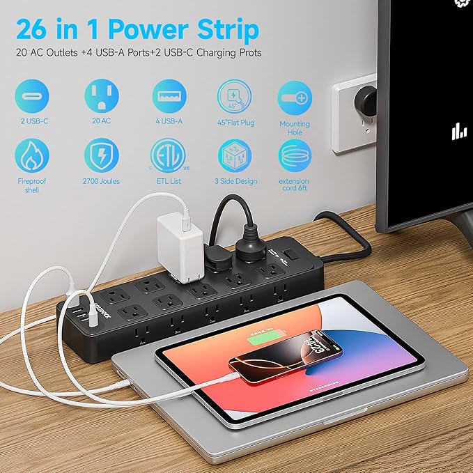 Solidock Flat Plug Power Strip Surge Protector with 20 AC Outlets 6 USB Ports, 1875W/15A, 2700 Joules, 6 Ft Heavy Duty Extension Cord with Multiple Outlets for Home, Office, Dorm, Gaming,ETL Listed