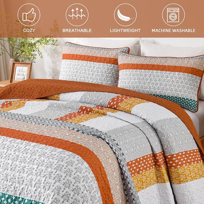 WONGS BEDDING Orange King Size 3-Piece Quilt Set, Boho Stripe Bedspread | - Image 4