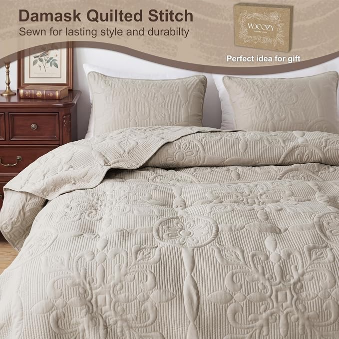 B2EVER Beige Damask Quilt Queen Size Bedding Sets - Image 4
