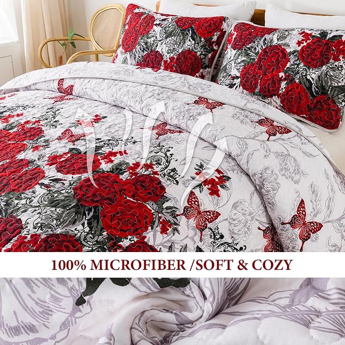 Yiran Full Size Quilt Red, Rose Floral Bedspread Bedding Set | 3 Pieces - Image 4