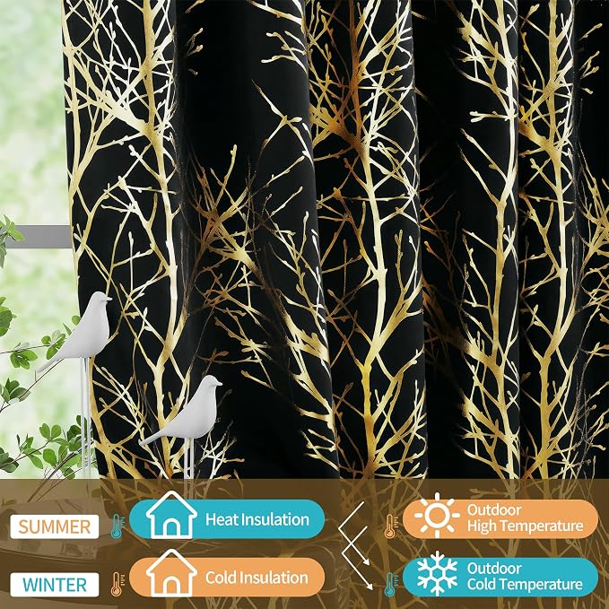 FMFUNCTEX 100% Blackout Black Gold Foil Tree Curtains 84 Inch 2 Panels | - Image 5