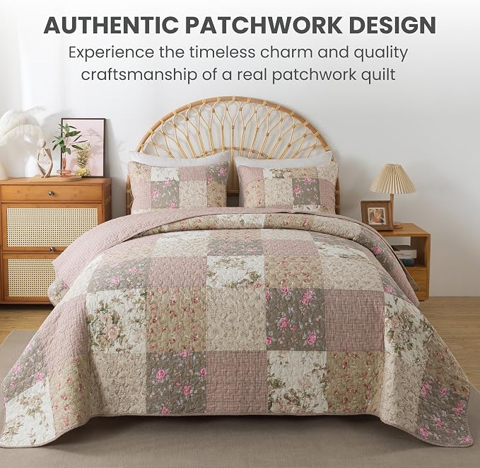 SLPR - Secret Garden Pink Patchwork Cotton Quilt Set, Queen - Image 2