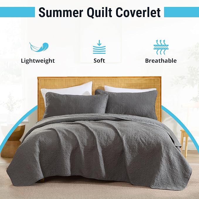 HLC.ME Lorenzo - Dark Grey Full Queen Size Quilt Set, Soft Summer Lightweight - Image 2