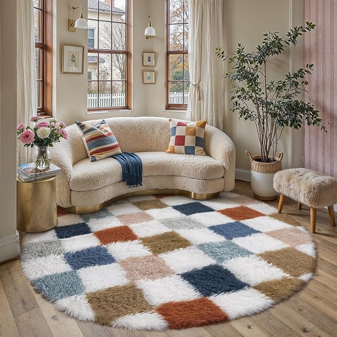 Checkered Round Rug 6ft for Bedroom Soft Fluffy Shag Carpet | Machine Washable by PureCozy