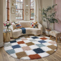 Checkered Round Rug 6ft for Bedroom Soft Fluffy Shag Carpet | Machine Washable by PureCozy