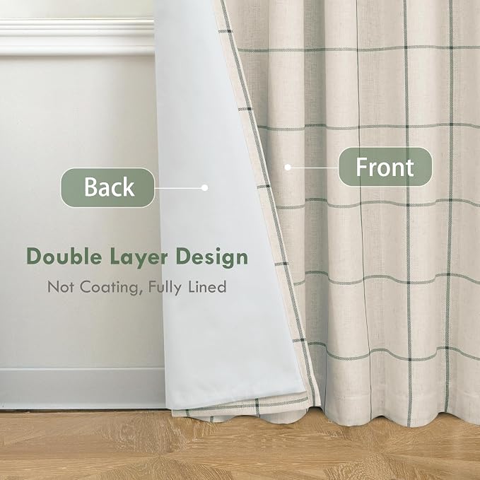 DriftAway 100% Blackout Plaid Linen Curtains W52xL84 Loden Green | 100% Blackout - Image 4