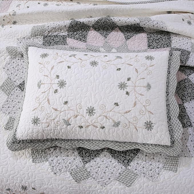 ROOMLIFE Quilt Set Queen Size 3D Floral Embroidery Pattern 3-Piece Cotton | - Image 5