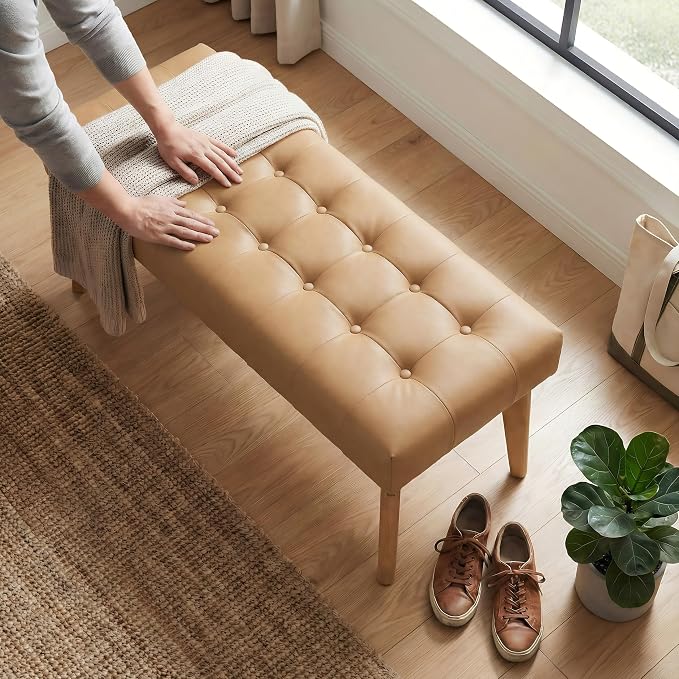 DUOMAY Brown PU Upholstered Entryway Bench Window Bench | 45.5 End of Bed Bench - Image 7