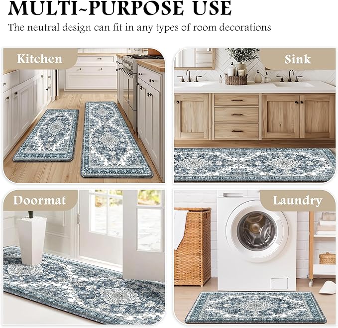 Boho Kitchen Mats for Floor 2 Piece Set Anti Fatigue Cushioned PVC Kitchen Rugs Non Slip Waterproof Farmhouse Mats 2/5 Inch Comfort Standing Mat for Sink, Laundry, 17.3"x47"+17.3"x28", Dark Blue