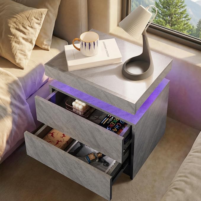 LED Nightstand with Wood 2 Drawers Modern Bedside Table - Image 4