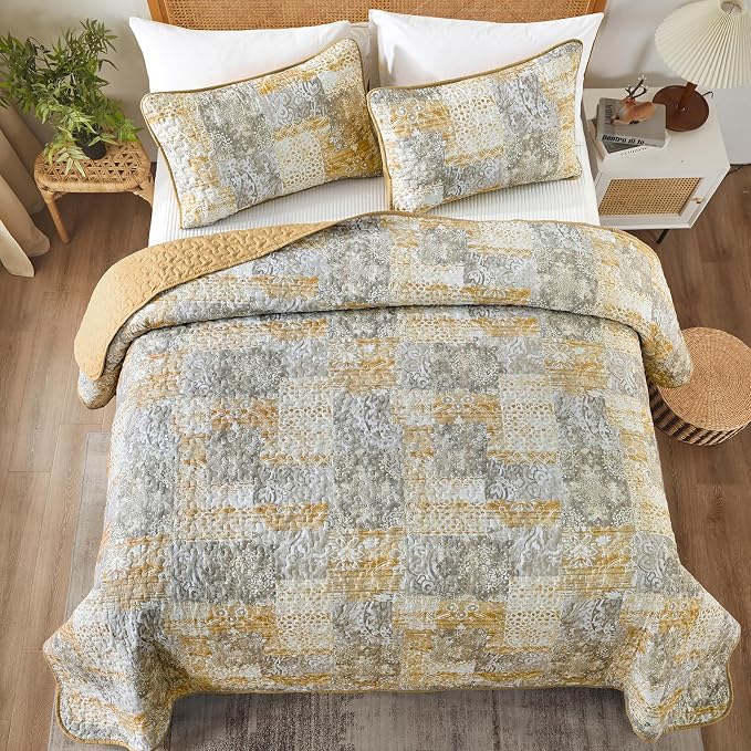 Mybedsoul Yellow Boho Quilt Set King Size 3 Pieces Grey and Yellow Plaid Floral - Image 2