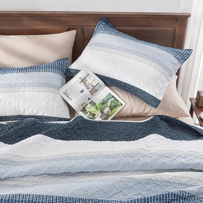 Queen Quilt Set Navy Blue, 3 Pieces Striped Bedspread | Ultra Soft Summer - Image 2