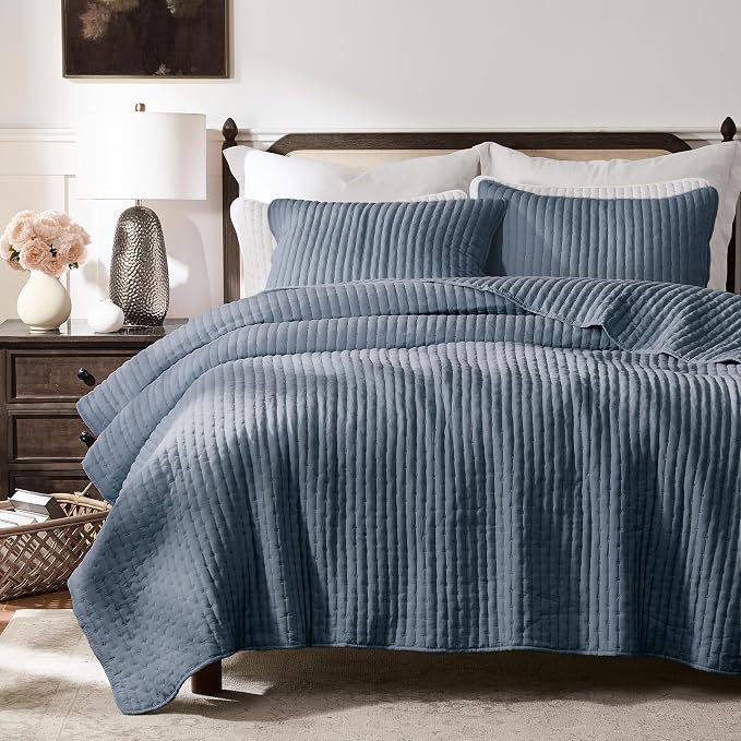 WDCOZY Blue Cross Stitch California Cal King Size Quilt Set, Oversized Striped by WDCOZY