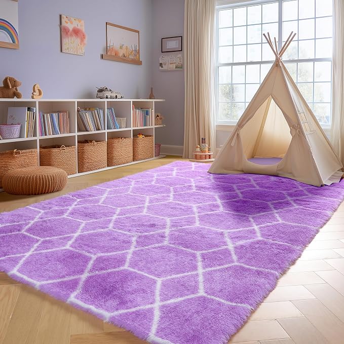 5x7 Area Rugs for Living Room Bedroom, Fluffy Purple and White Throw Rug - Image 9