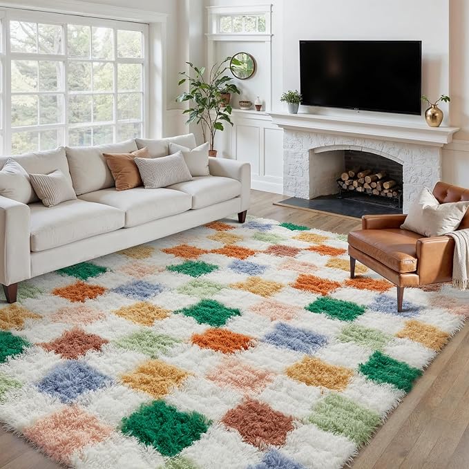 Colorful Area Rug 7x10 for Living Room Soft Checkered Shag Carpet | Machine - Image 4