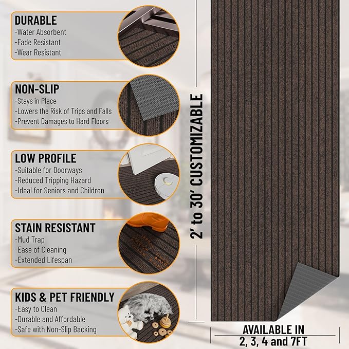 Ottomanson 2'7" x 43' Hallway Runner with Scraper Pile - Extra Durable Non-Slip Rug Mat for Indoor & Outdoor Use - Ideal for Kitchen, Entryway & Garage - High-Traffic Carpet, Brown