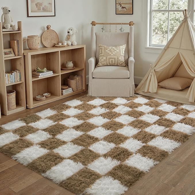Brown Area Rug 3x5 for Kids Room Soft Checkered Shag Carpet | Machine Washable - Image 5
