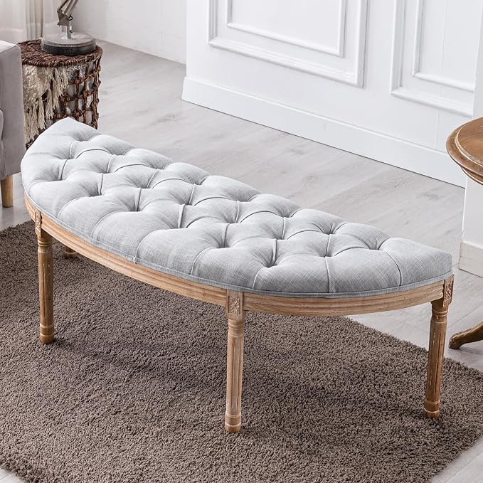 chairus 55" Button Tufted Semi-Circle Dining Bench Linen Halfmoon Entryway - Image 9