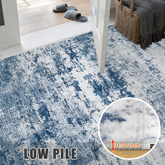 Round Area Rug Living Room: 4 ft Modern Washable Carpet Blue | - Image 6