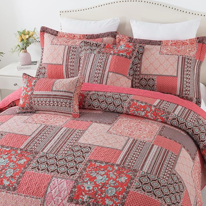 BEDIFANY Pink King Quilt Set, 100% Cotton Cover King Size Quilt Bedding Set | 3 - Image 3