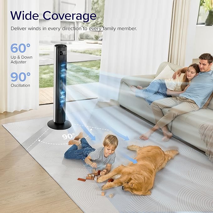 LEVOIT Smart 42 inch Tower Fan for Bedroom, DC motor, Oscillating with Quiet 26ft/s Velocity, 25dB Bladeless Floor Fan for Home Space, 12 Speeds, 4 Modes, 24H Timer with APP, Works with Alexa, Remoter