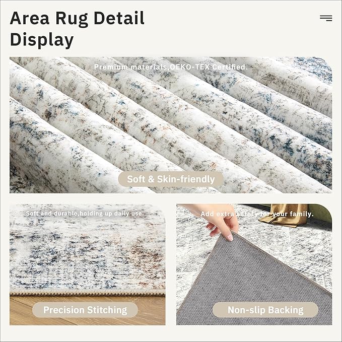 Soalmost 10x14 Area Rugs for Living Room Washable Rug Non-Slip Blue/Ivory | - Image 5