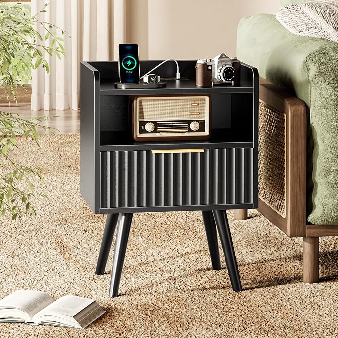 Huuger Nightstand with Charging Station, USB-C Port, End Table | Fluted Night - Image 4