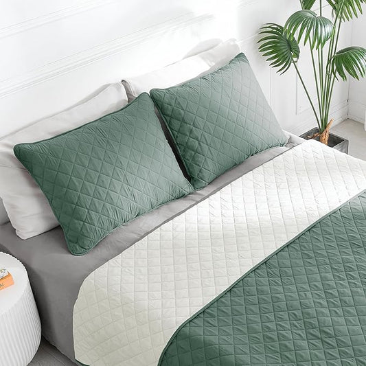 Easy-Going Full/Queen Size Reversible Quilt Set with 1 Quilt and 2 Pillow Shams, Soft Bed Quilt Cover, Water Resistant Lightweight Microfiber Bedspread, Stain Resistant, Cyan/Ivory